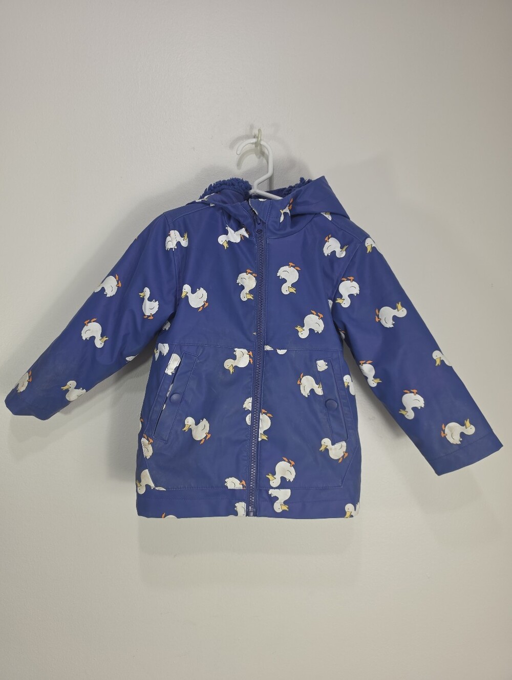 Kids Navy Hooded Raincoat with White Duck Print